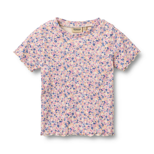 Rib T-shirt Alicia — Pink Blue Flowers